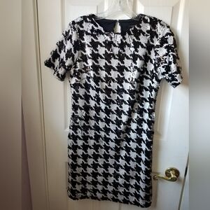 Ann Taylor Black & White Sequin Houndstooth Midi Dress
